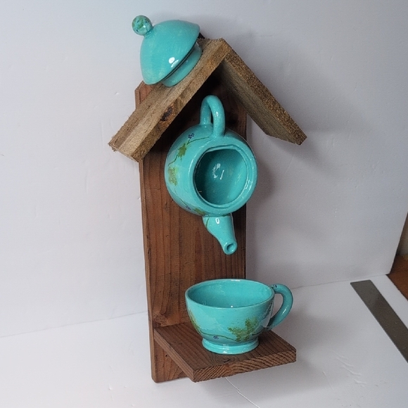 Rustic Wooden Handmade Bird Feeder Teal  Me Meet Again - Picture 2 of 14